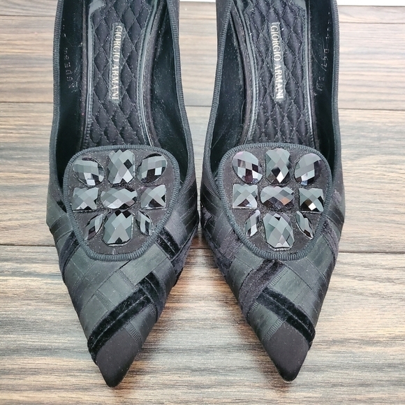Giorgio Armani Black Satin Velvet Rhinestone Pumps - Picture 5 of 9